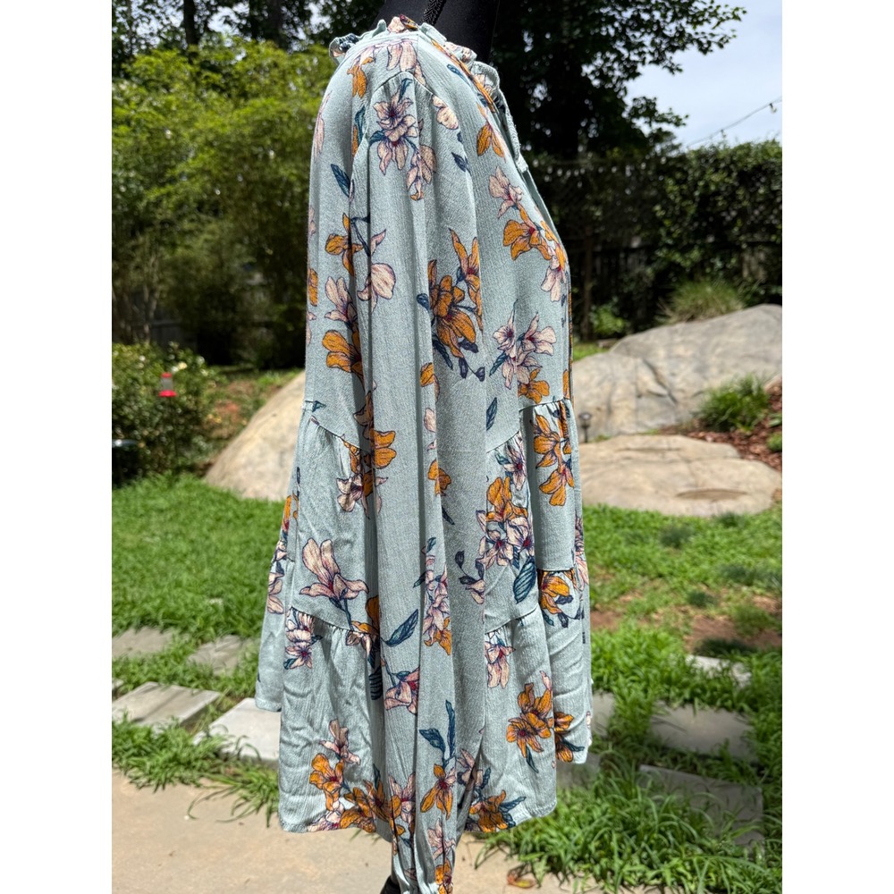 Easel Sage Green Floral Tiered Babydoll Tunic Top Tie Neck Long Sleeve Small - Picture 2 of 5